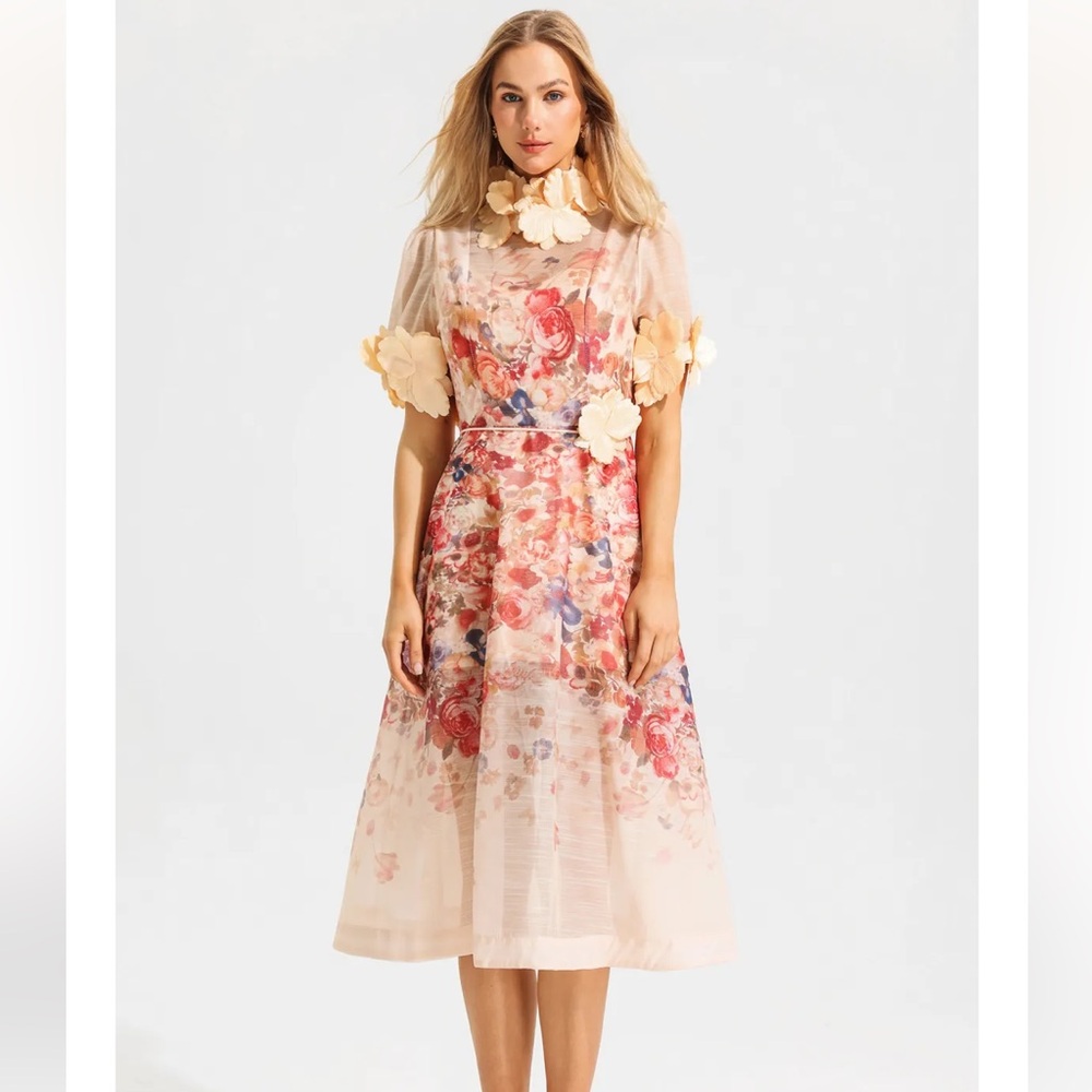 Floral Round Neck Lace Up Short Sleeve Midi Dress